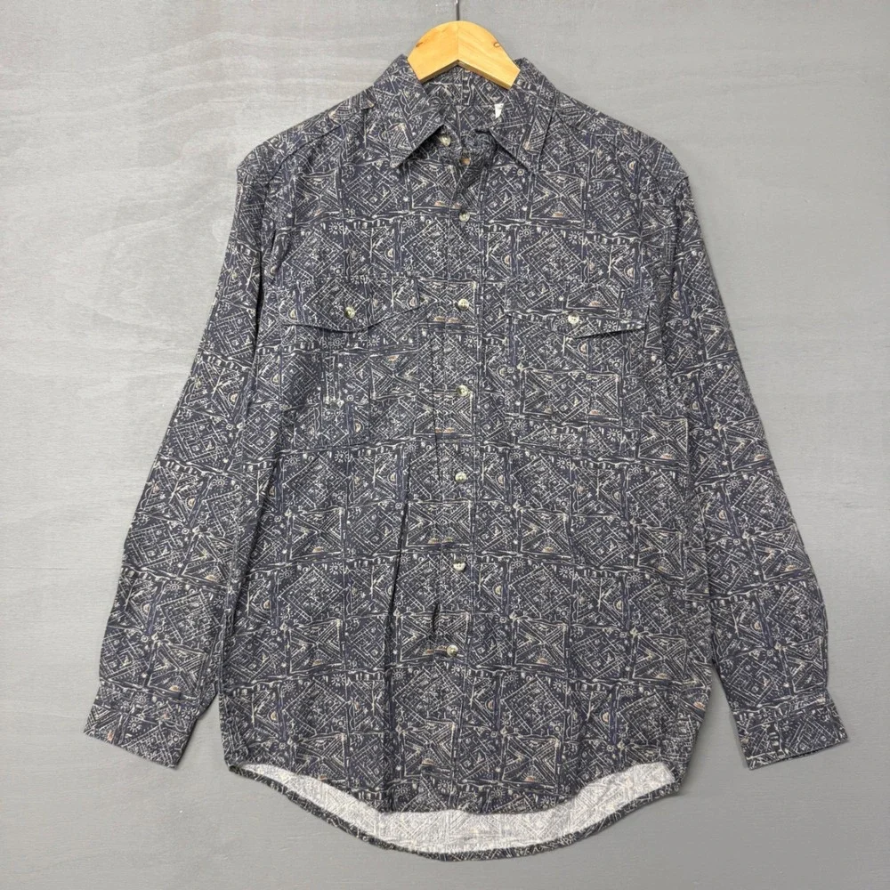 Vintage L.L.Bean Button Down Shirt Blue Geometric Tribal Print Mens‎ Small DD36